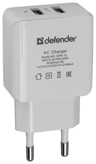 Сетевое зарядное устройство Defender EPA-12 2 USB 2A White