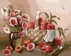Холст с красками "Рисование по номерам. Корзина с персиками и цветы", 40x50 см Рыжий кот