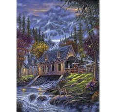 Холст с красками "Рисование по номерам. Домик над рекой и горы", 40x50 см Рыжий кот
