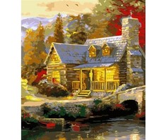 Холст с красками "Рисование по номерам. Домик в осеннем лесу", 40x50 см Рыжий кот