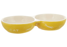 Миска для кошек Nobby двойная, керамическая, с рисунком Cat, желтая, 22x11,5x3,5 см
