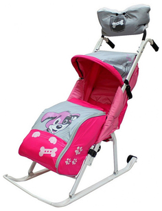 Санки-коляска RT Комфорт Люкс 11 Любопытный щенок с колесиками и муфтой Розовый