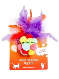 Игрушка для кошек Zoobaloo Разноцветный мягкий мячик с пером, 15 см