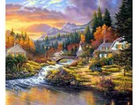 Холст с красками "Рисование по номерам. Домики у реки в лесу", 40x50 см Рыжий кот