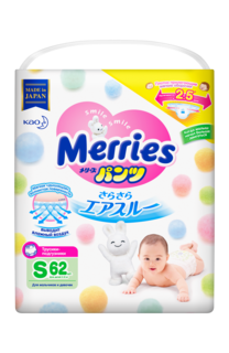 Подгузники-трусики Merries S (4-8 кг), 62 шт.