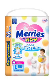 Подгузники-трусики Merries L (9-14 кг), 56 шт.