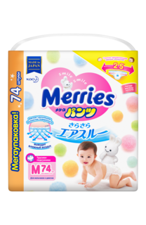 Подгузники-трусики Merries M (6-11 кг), 74 шт.