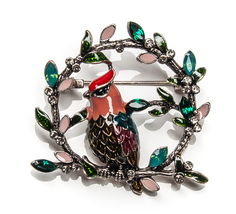 Брошь Moon Paris птичка на ветке с кристаллами и стразами (изумрудный)