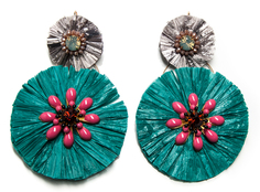 Серьги Moon Paris подвески из рафия с кристаллами по центру (бирюзовый)