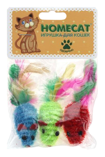 Игрушка для кошек Homecat Мышки разноцветные с пером гремящие, 6 см, 3 шт.