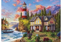 Холст с красками "Рисование по номерам. Домик с маяком у моря", 40x50 см Рыжий кот
