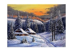 Холст с красками "Рисование по номерам. Заснеженные домики в лесу", 40x50 см Рыжий кот