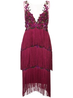Marchesa Notte платье с вышивкой и бахромой