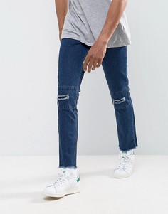 Укороченные джинсы слим с рваной отделкой и необработанными краями Hoxton Denim-Синий