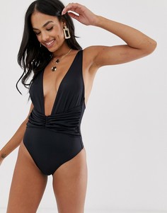 Слитный купальник с глубоким вырезом и сборками ASOS DESIGN-Черный