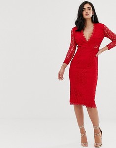 Кружевное платье-футляр миди с длинными рукавами ASOS-Красный