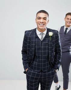 Темно-синий приталенный пиджак в клетку ASOS Wedding