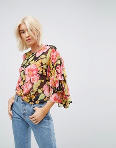 Топ с цветочным принтом и оборками на рукавах ASOS-Мульти