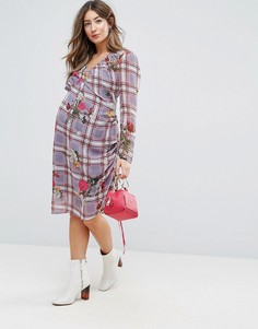 Платье миди с клетчатым и цветочным принтами ASOS Maternity-Мульти