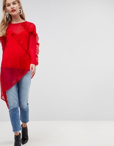 Асимметричная шифоновая блузка с длинными рукавами и оборками ASOS Ultimate-Красный