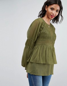 Прозрачная блузка из жатой ткани с пышными рукавами с оборками ASOS-Зеленый