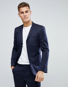 Темно-синий пиджак скинни из смесовой шерсти в тонкую полоску ASOS