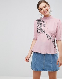 Блузка с вышивкой и рукавами-фонариками ASOS-Розовый