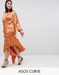 Жаккардовое платье миди с цветочной вышивкой и асимметричным краем ASOS DESIGN Curve-Оранжевый