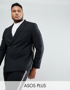 Черный двубортный пиджак скинни с золотистой отделкой ASOS PLUS
