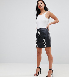 Мини-юбка из искусственной кожи со шнуровкой ASOS DESIGN Petite-Черный