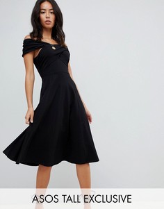 Приталенное платье миди с открытыми плечами ASOS DESIGN Tall-Черный