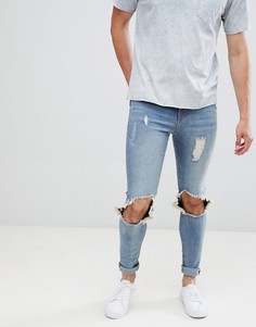 Выбеленные обтягивающие джинсы с рваными коленями Hoxton Denim-Синий