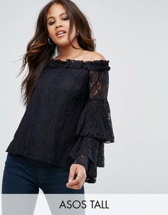 Кружевной топ с открытыми плечами ASOS TALL-Черный