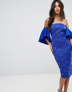 Кружевное платье миди со спущенными плечами ASOS-Синий