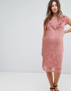Кружевное розовое платье миди с оборками Mamalicious-Розовый Mama.Licious