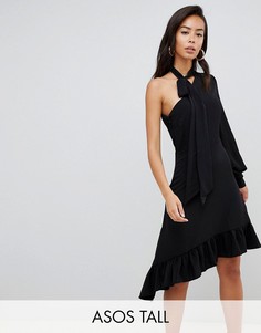 Платье миди с одним рукавом и завязкой на шее ASOS TALL-Черный