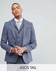Синий пиджак узкого кроя из ткани с добавлением шерсти в крапинку ASOS TALL