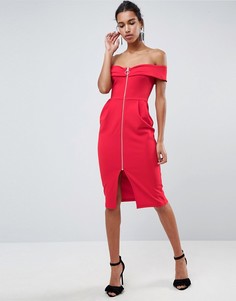 Платье миди на молнии с открытыми плечами ASOS-Красный