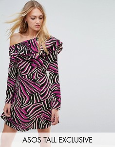 Короткое приталенное платье с анималистичным принтом и оборками ASOS TALL-Черный