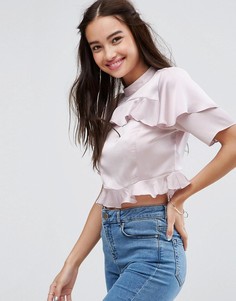 Кроп-топ с высоким воротом и оборками ASOS-Серый