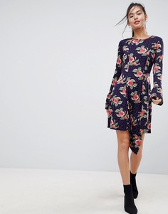 Платье мини в горошек с цветочным принтом и оборками на манжетах ASOS-Мульти