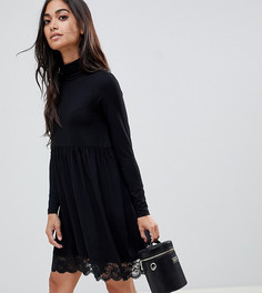 Короткое приталенное платье с воротником поло и кружевной отделкой ASOS PETITE-Черный