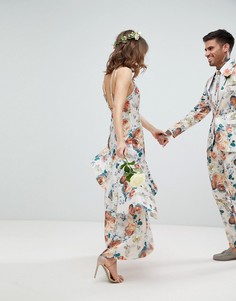 Платье макси с оборками и цветочным принтом ASOS DESIGN-Мульти
