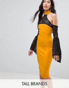 Платье с открытыми плечами и кружевными рукавами клеш Vesper Tall-Желтый