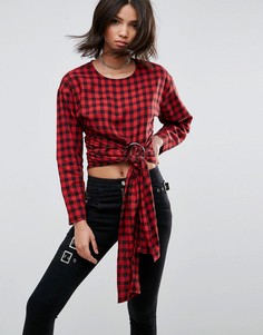 Лонгслив в клетку с металлической отделкой и завязкой ASOS-Мульти