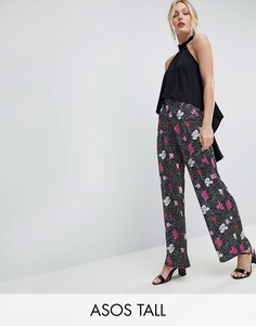 Брюки с широкими штанинами и цветочным принтом ASOS TALL-Черный