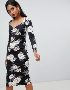 Платье-футляр миди с вырезом сердечком и цветочным принтом ASOS-Мульти