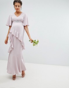 Платье макси с оборками, расклешенными рукавами и отделкой на поясе ASOS DESIGN Maternity-Розовый
