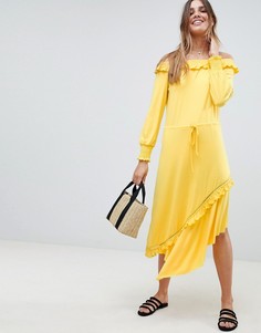 Чайное платье миди с открытыми плечами и сборкой на манжетах ASOS DESIGN-Желтый