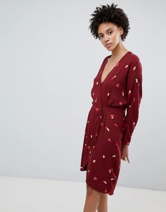 Бордовое платье мини с запахом и принтом Selected Femme-Мульти